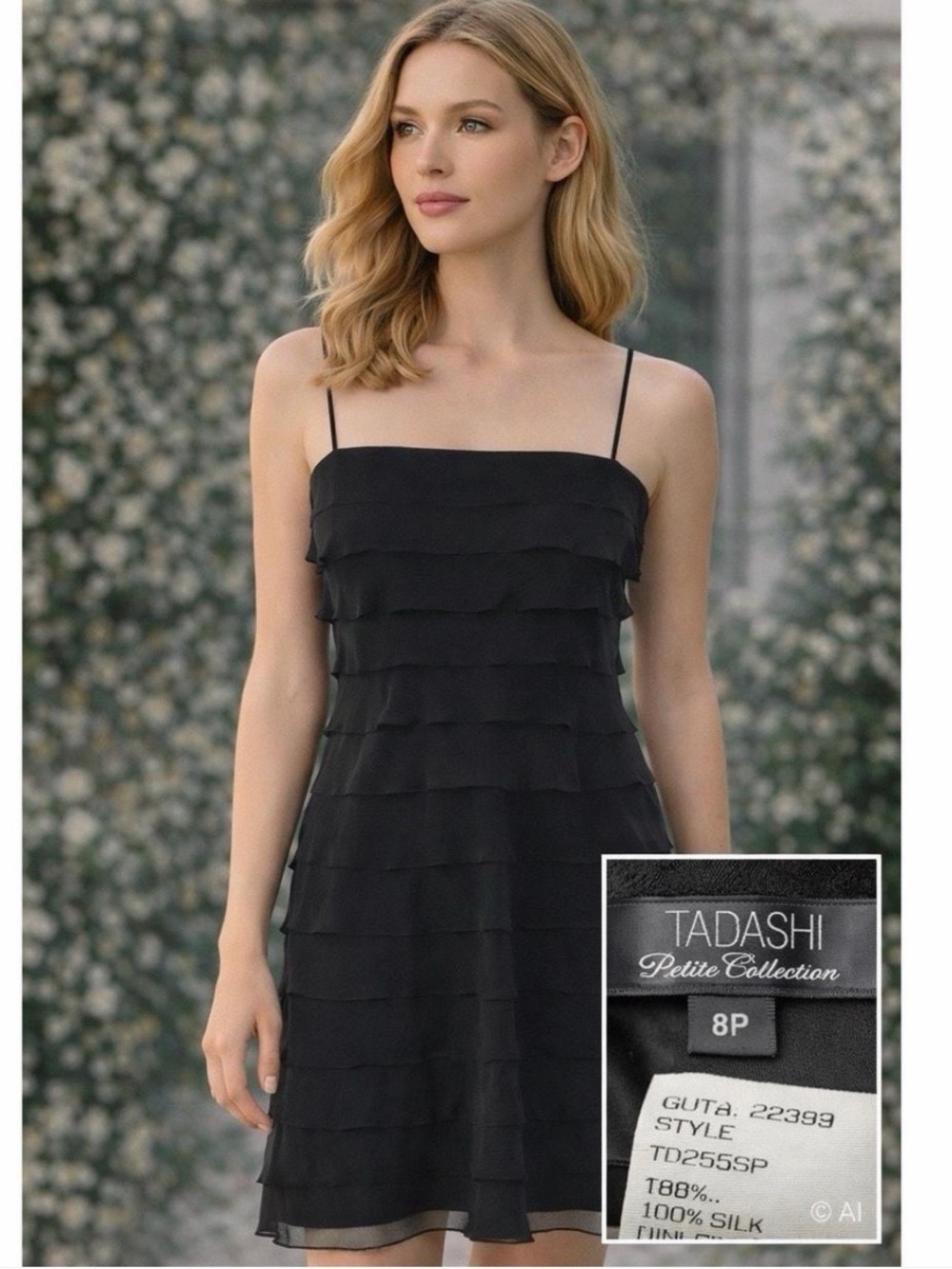 Tadashi Petite Silk Black Ruffle Tiered Slip Dress Size Small (see measurements)